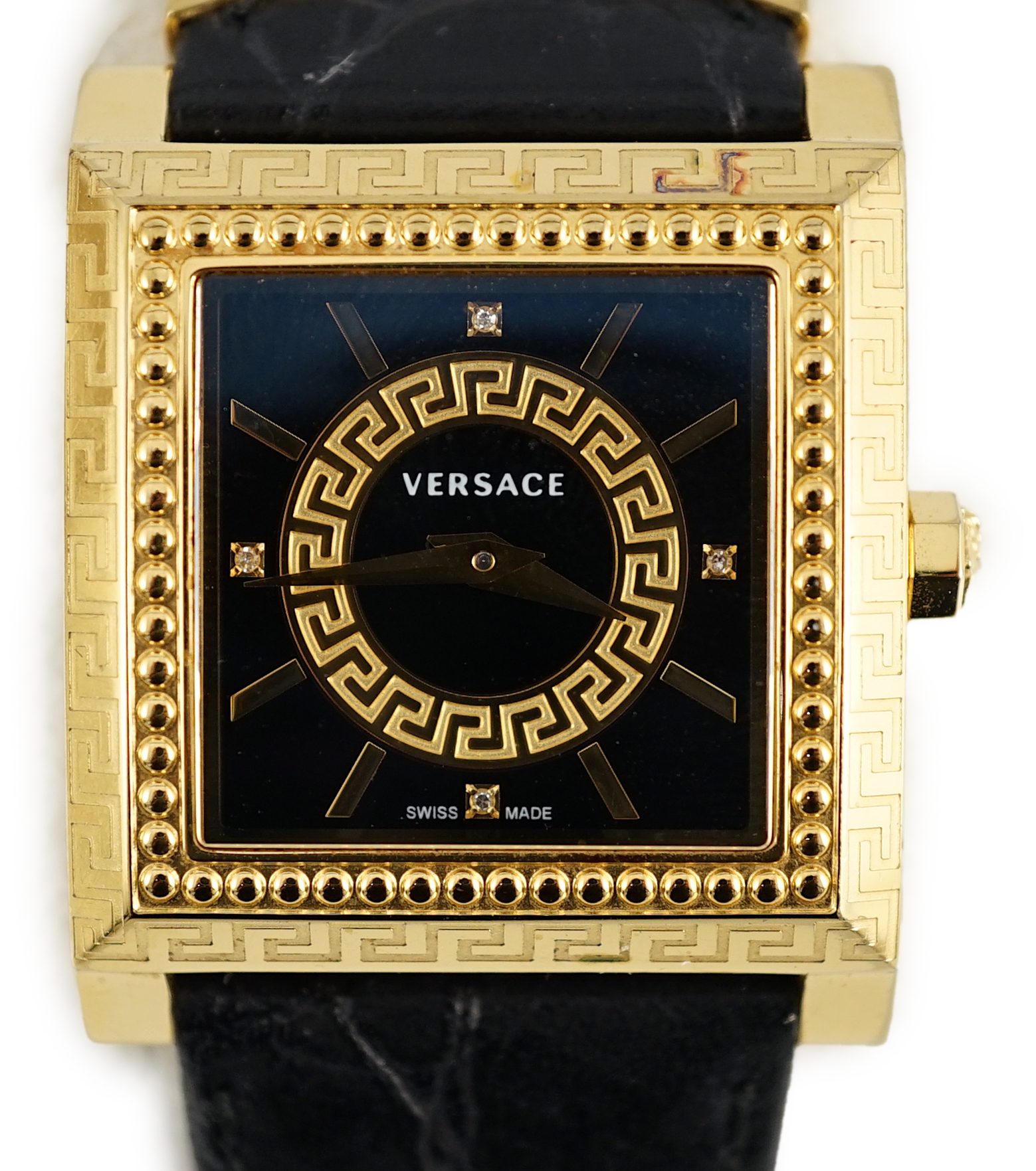 A Versace black yellow gold plated stainless steel and diamond VD25 wristwatch, case diameter 30mm, bracelet size 18cm